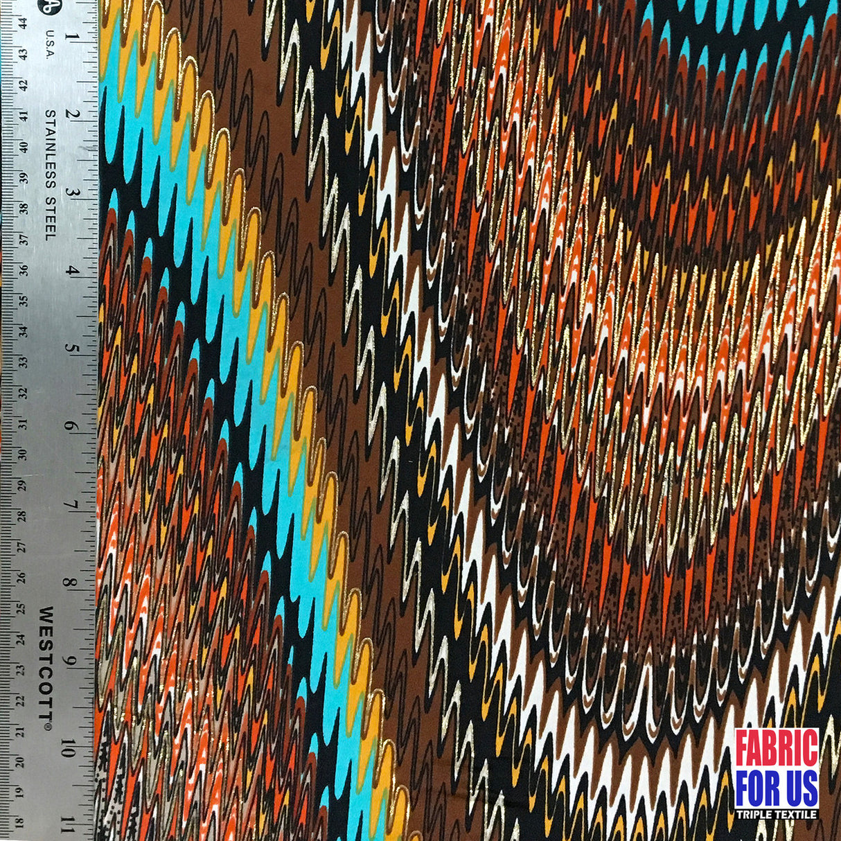 Waves Tidal Stretch Fabric - Aqua, Brown, Gold Lining, Multi-Color Wave Design, 58" Width
