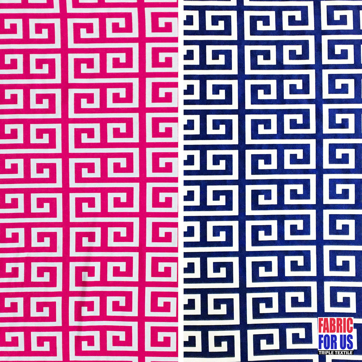 Greek Key Print Design Poly-Spandex Fabric - Navy/Pink Greek Key, 58" Width