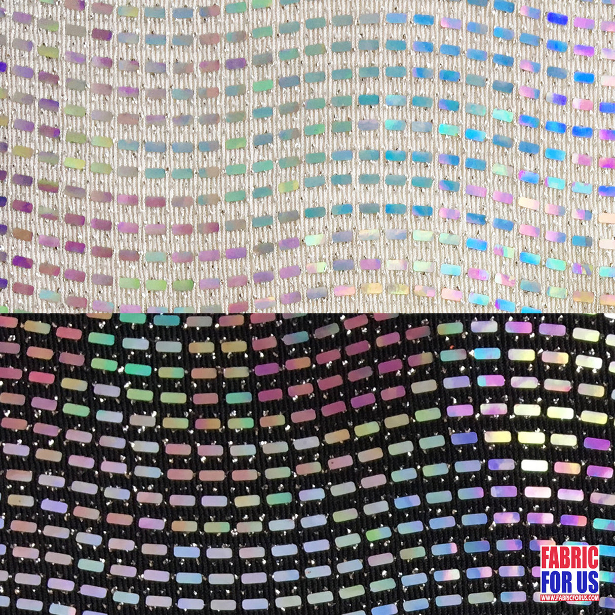 Reflective Holographic Rectangular Trans On Lurex Stretch Fabric - White/Black, 54" Width