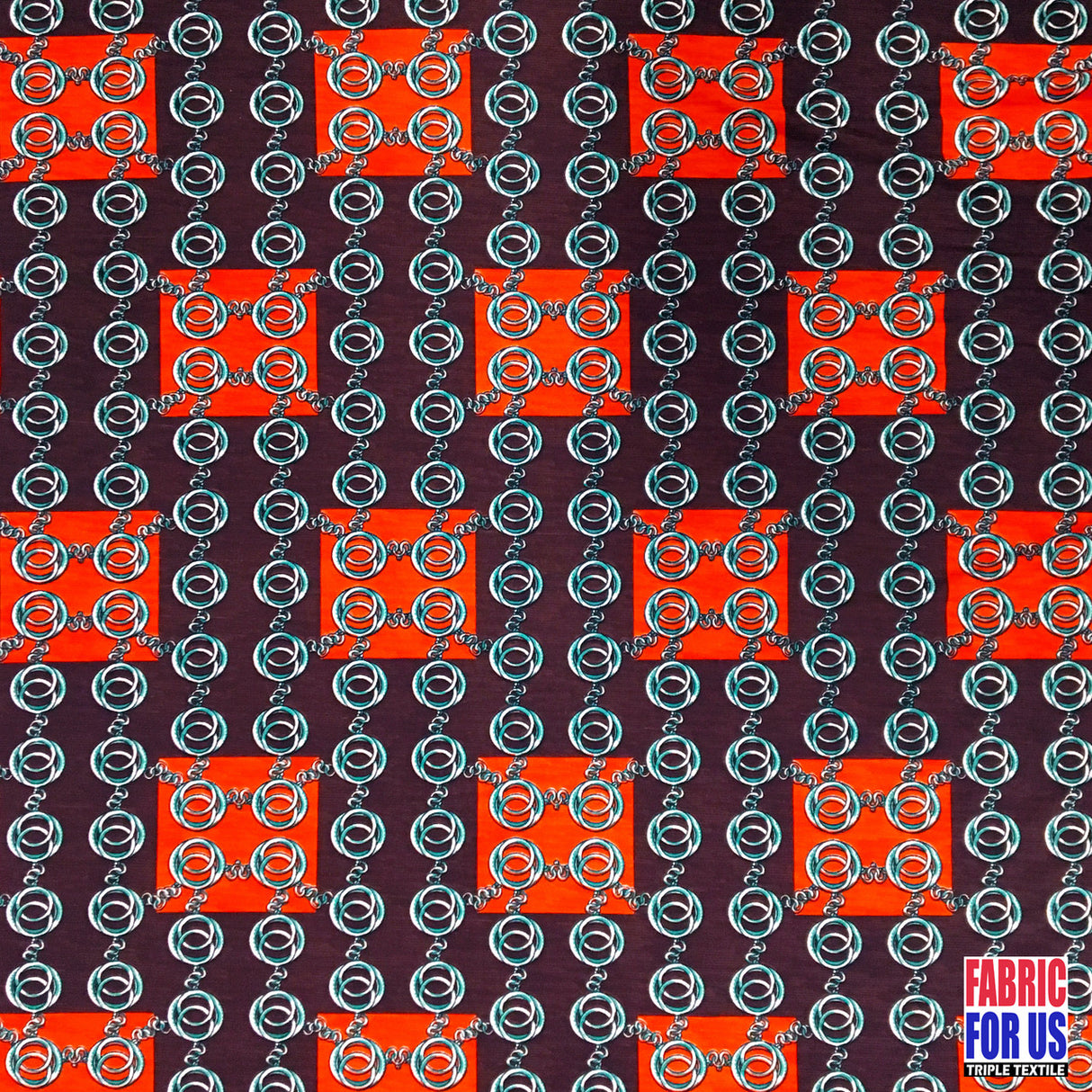 Squares & Links Poly Spandex Fabric - Brown/Rust Squares & Links Print, 58/60" Width