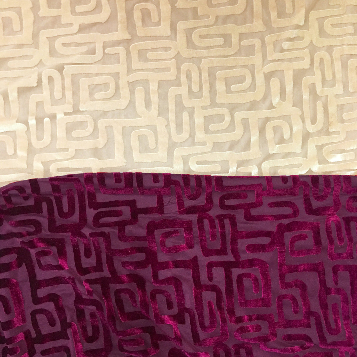 Greek Key Burnout Velvet Pre-Classic Polyester Spandex Fabric - Burgundy/Beige Greek Key Pattern, 58"/60" Width