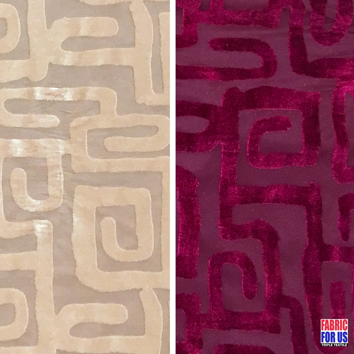 Greek Key Burnout Velvet Pre-Classic Polyester Spandex Fabric - Burgundy/Beige Greek Key Pattern, 58"/60" Width