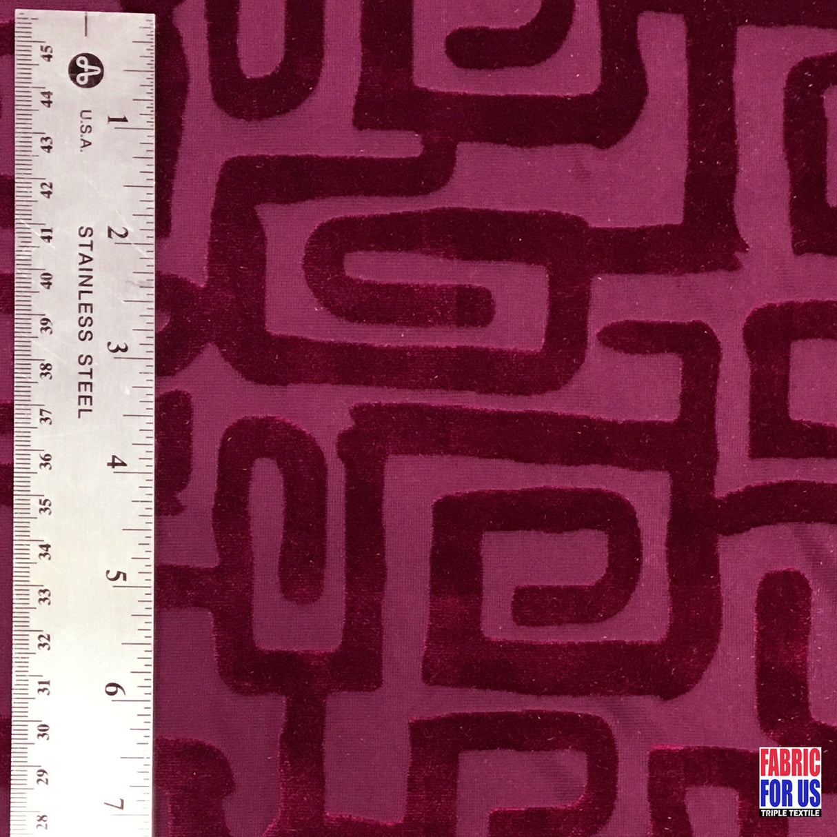 Greek Key Burnout Velvet Pre-Classic Polyester Spandex Fabric - Burgundy/Beige Greek Key Pattern, 58"/60" Width