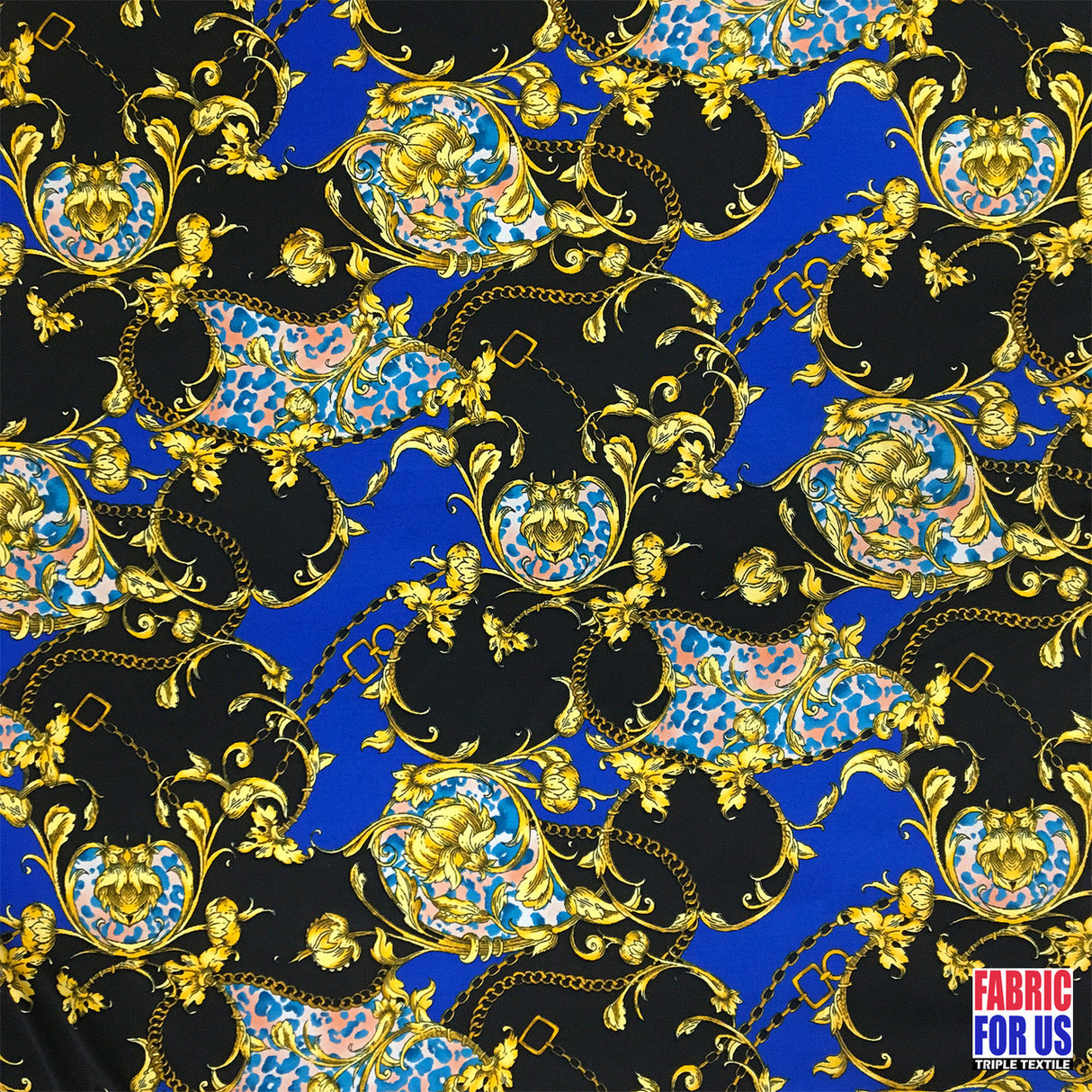 Paisley Floral Renaissance Stretch Poly-Spandex Fabric - Paisley Floral Renaissance Print, Royal Blue/Black, Red/Black, 58"/60" Width