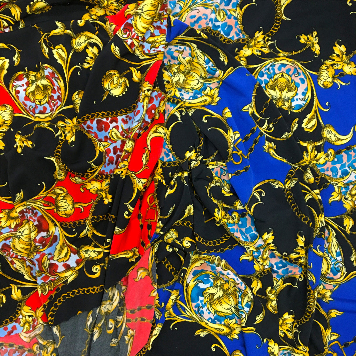 Paisley Floral Renaissance Stretch Poly-Spandex Fabric - Paisley Floral Renaissance Print, Royal Blue/Black, Red/Black, 58"/60" Width