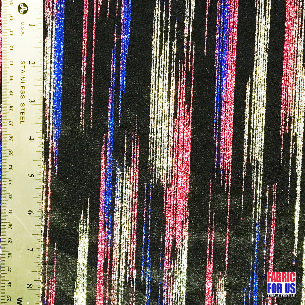 Stripe Multi-Glitter Poly-Spandex Stretch Fabric - Red, Blue, White Glitter Dots, 58" Width