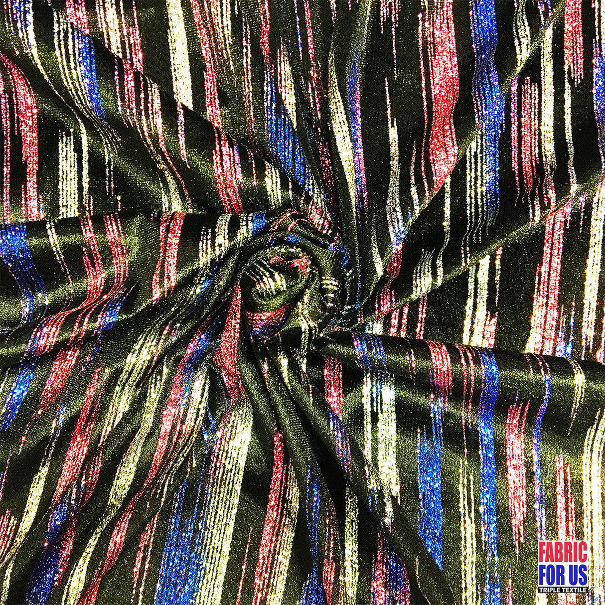 Stripe Multi-Glitter Poly-Spandex Stretch Fabric - Red, Blue, White Glitter Dots, 58" Width