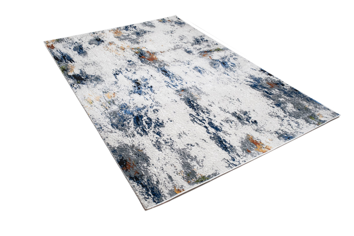 LALA 138 Polyester Viscose Area Rug - Cream Abstract Pattern, Silver, Charcoal, Black, Red-Brown, Mustard, Ocean Blue, Green Accents, 9' 8" X 13' (1 Rug)