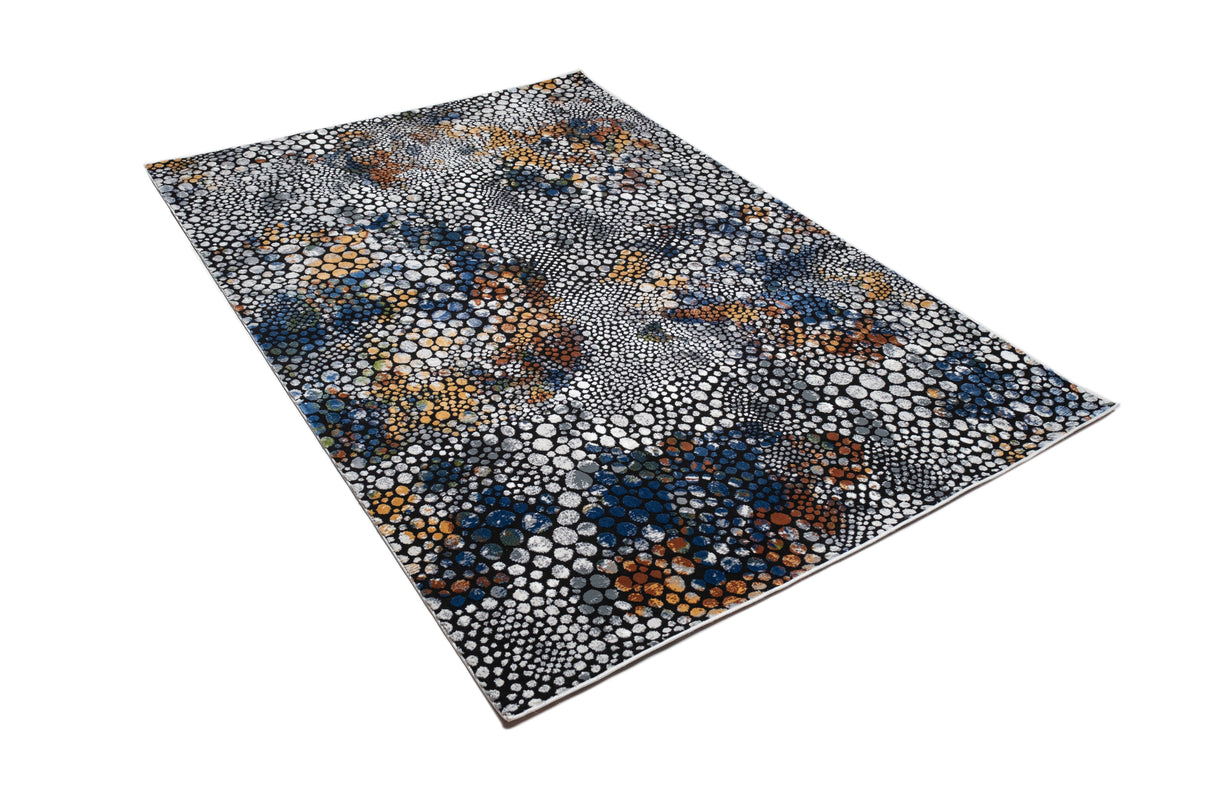 LALA-140 Polyester Shiny Viscose Area Rug Fabric - Abstract Spotted, Black With Silver, Charcoal, Red-Brown, Mustard, Green, And Deep Blue Highlights, 7' 8" X 10' 5" (1 Piece)