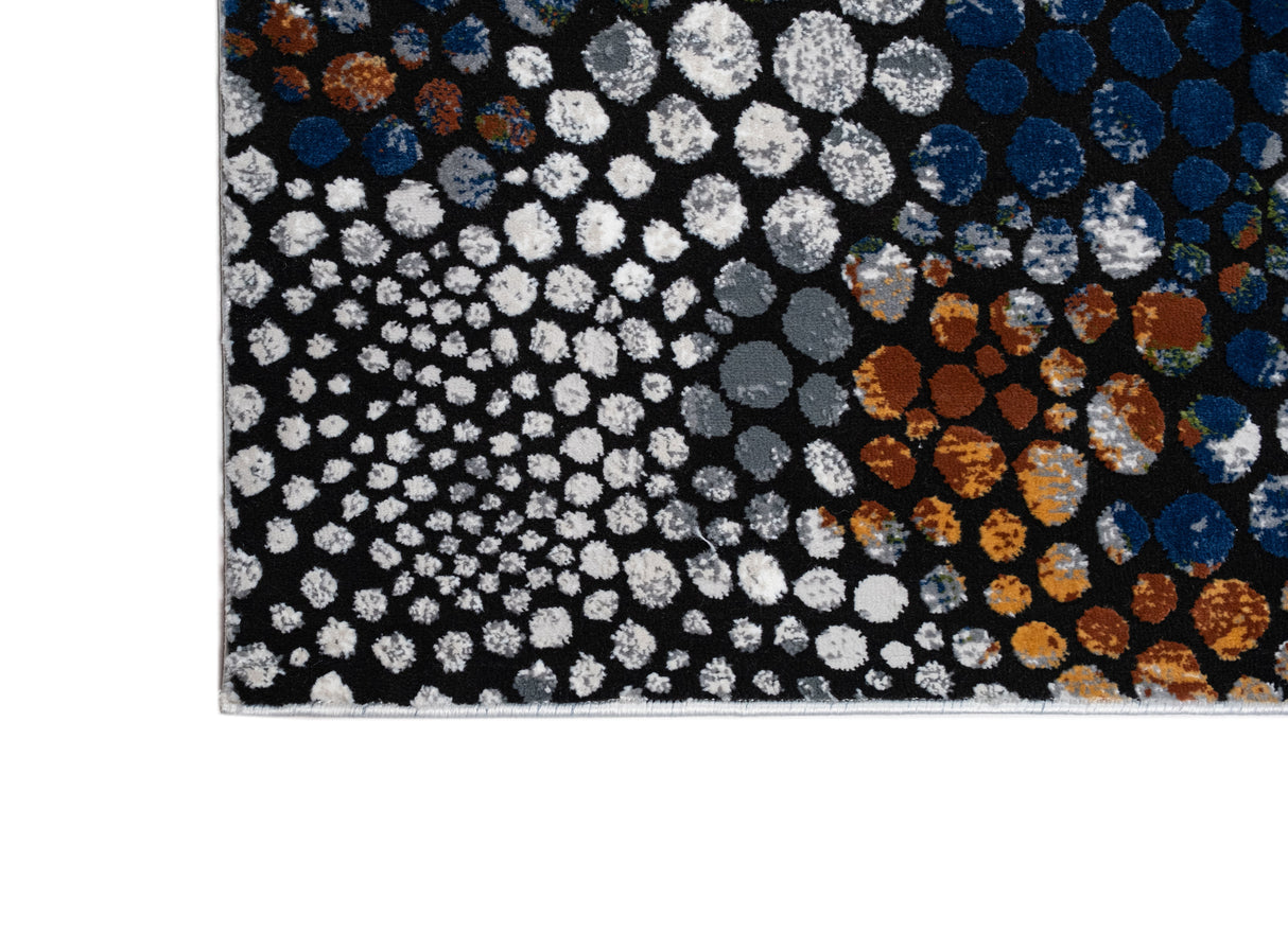 LALA-140 Polyester Shiny Viscose Area Rug Fabric - Abstract Spotted, Black With Silver, Charcoal, Red-Brown, Mustard, Green, And Deep Blue Highlights, 7' 8" X 10' 5" (1 Piece)