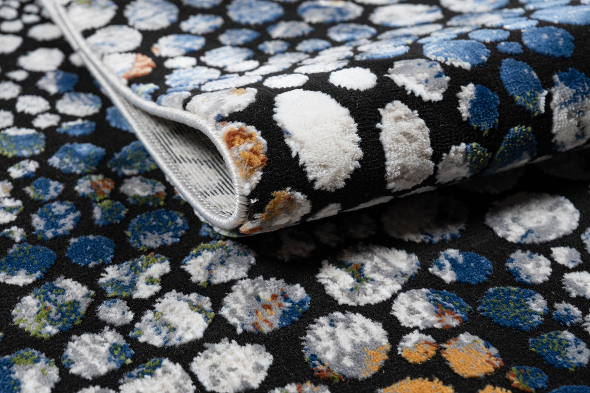 LALA-140 Polyester Shiny Viscose Area Rug Fabric - Abstract Spotted, Black With Silver, Charcoal, Red-Brown, Mustard, Green, And Deep Blue Highlights, 7' 8" X 10' 5" (1 Piece)