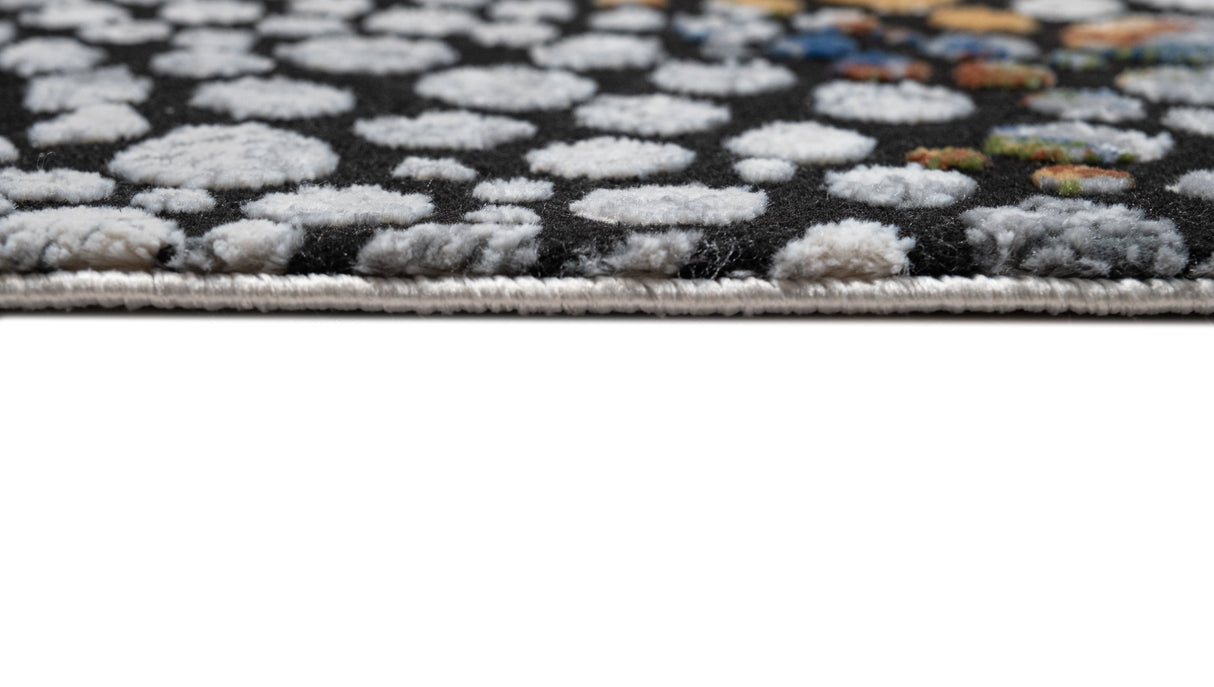 LALA-140 Polyester Shiny Viscose Area Rug Fabric - Abstract Spotted, Black With Silver, Charcoal, Red-Brown, Mustard, Green, And Deep Blue Highlights, 7' 8" X 10' 5" (1 Piece)