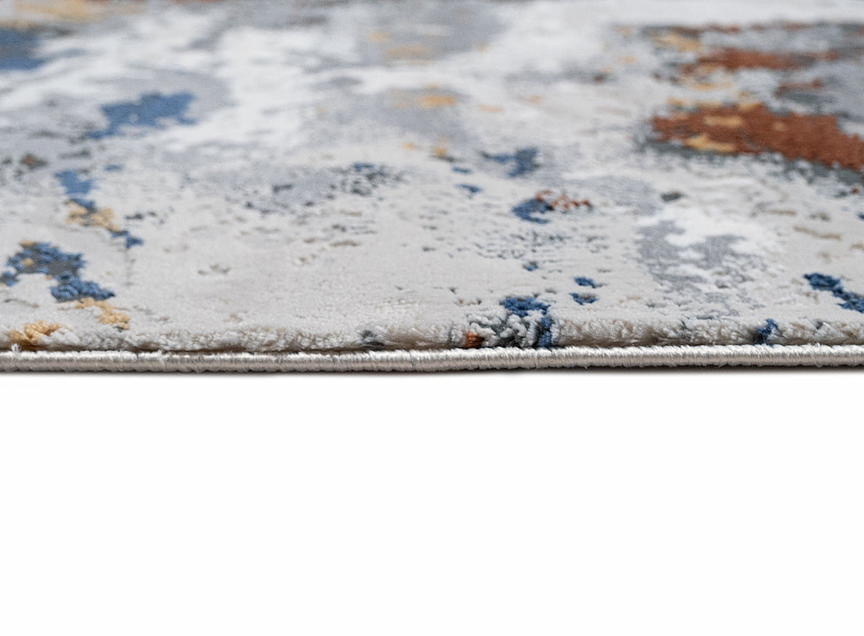 LALA-146 Polyester Viscose Area Rug - Grey Marble Abstract, Red-Brown, Tan, Cream & Ocean Blue Accents, Black, 9' 8" X 13' (1 Piece)