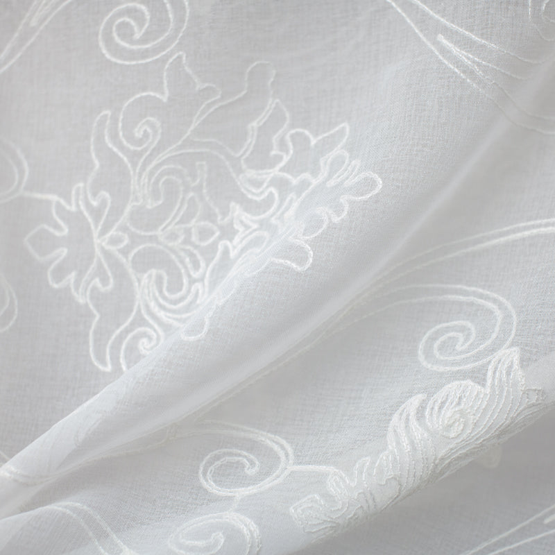 Bali Embroidered Damask Sheer Polyester Fabric - White, Ivory, 118" Width (1 Yard)