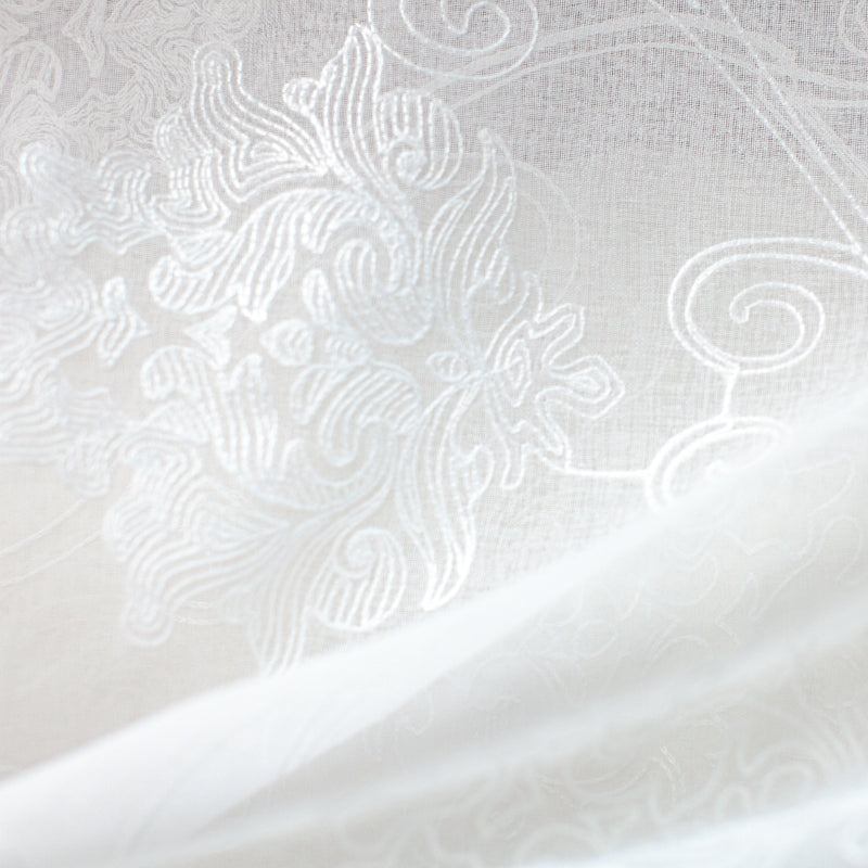 Bali Embroidered Damask Sheer Polyester Fabric - White, Ivory, 118" Width (1 Yard)