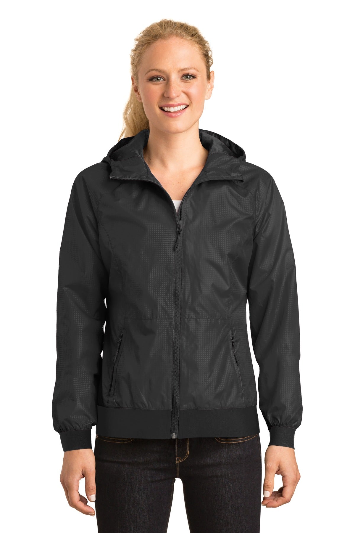 Sport-Tek® Ladies Embossed Hooded Wind Jacket