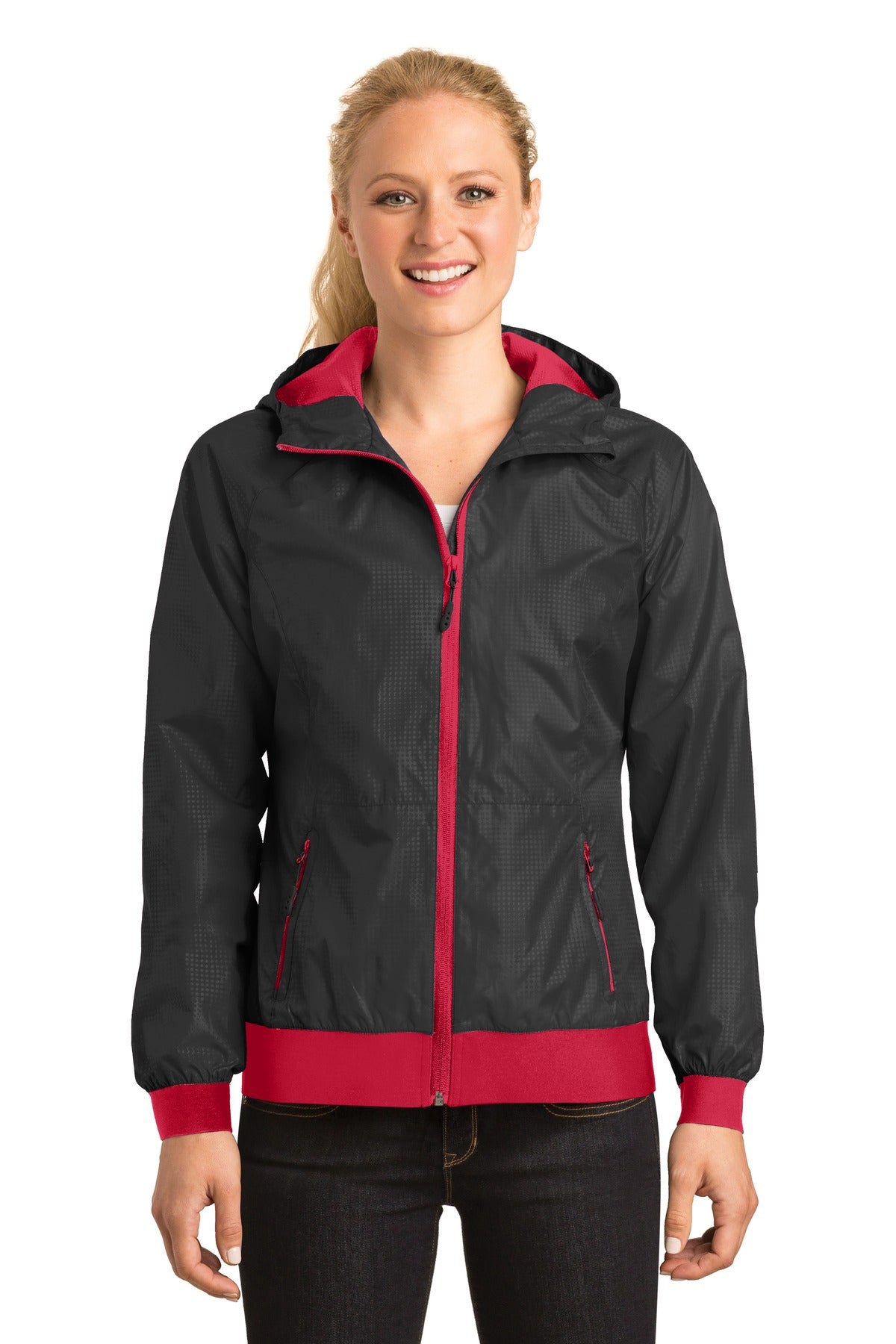 Sport-Tek® Ladies Embossed Hooded Wind Jacket