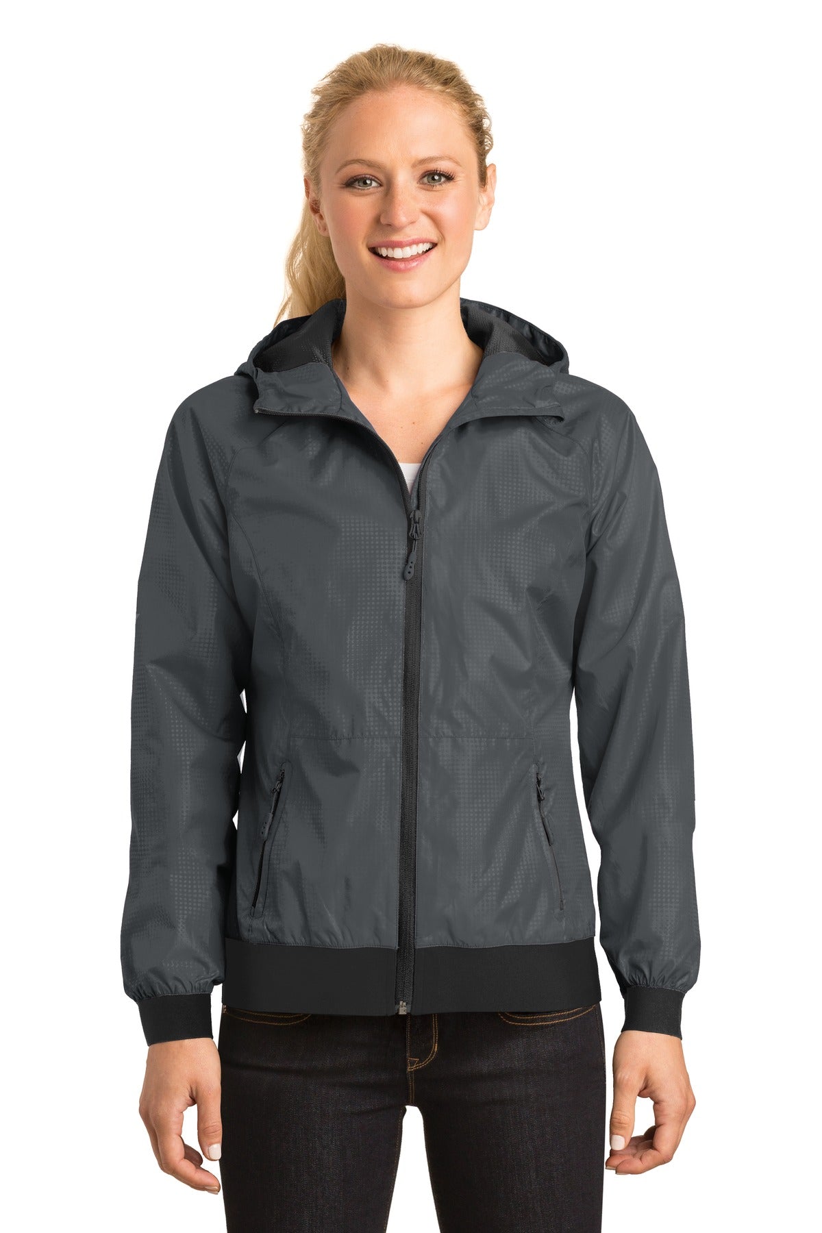Sport-Tek® Ladies Embossed Hooded Wind Jacket