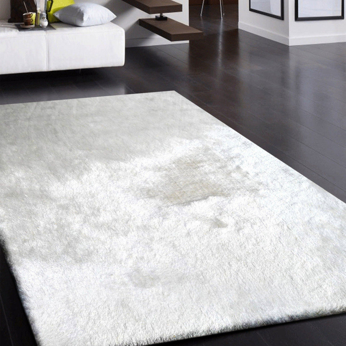Shiny Glow Soft Plush Fluffy Shag Polyester Fabric - Solid Shiny, 3" Pile Height, Area Rug, White, 5' X 7' / 7'6" X 10'3" (1 Unit)