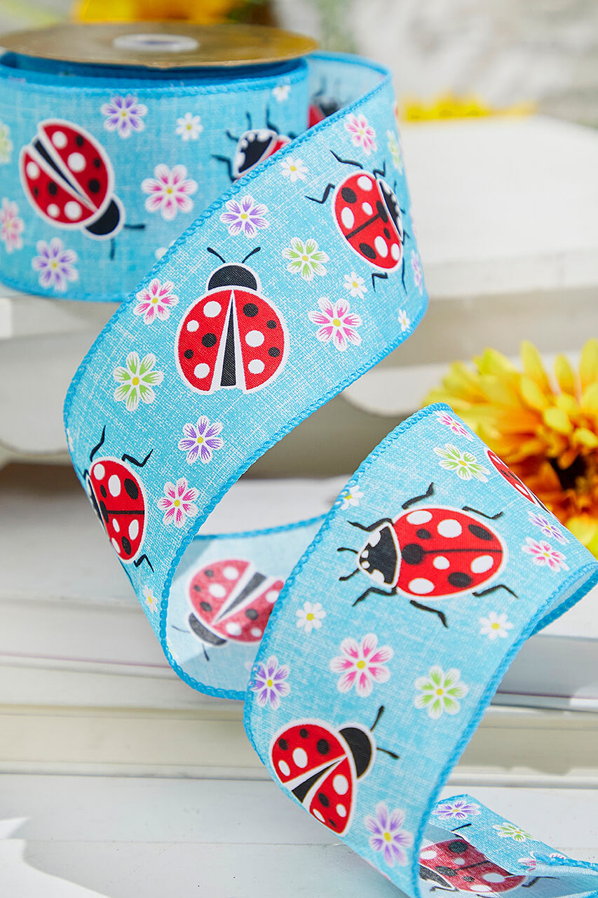 2.5"x 10 Yards Blue Ladybugs Ribbon Whimsical Spring Wired Craft Ribbon