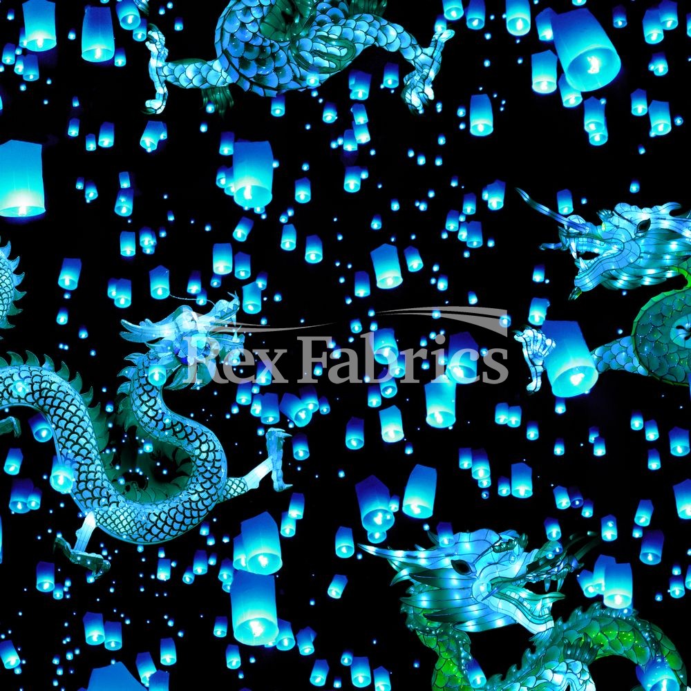 Lantern Nylon Spandex Fabric - Chinese Dragon And Lantern Print, Blue Or Orange On Black, 58/60" Width (1 Yard)