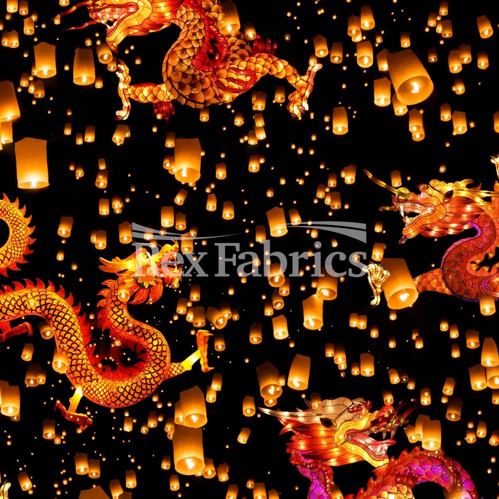 Lantern Nylon Spandex Fabric - Chinese Dragon And Lantern Print, Blue Or Orange On Black, 58/60" Width (1 Yard)