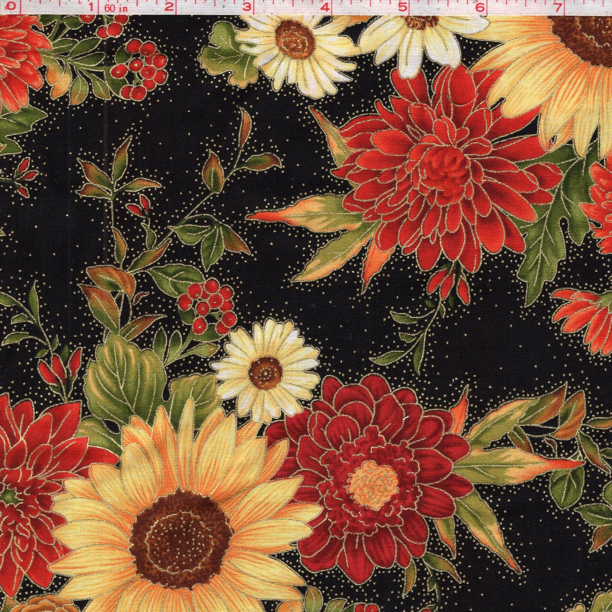 Quilting Cotton Large Sunflowers Harvest Metallic Fall Theme