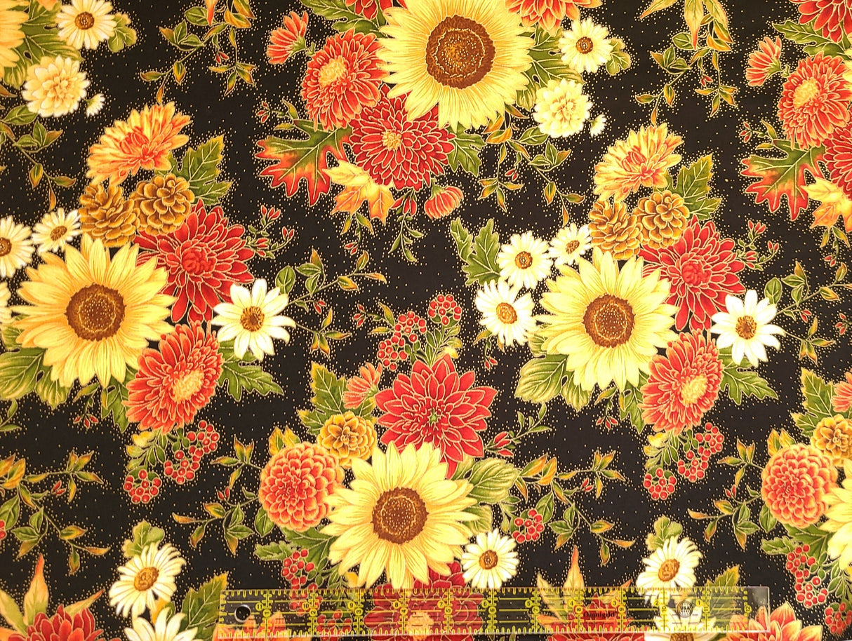 Quilting Cotton Large Sunflowers Harvest Metallic Fall Theme