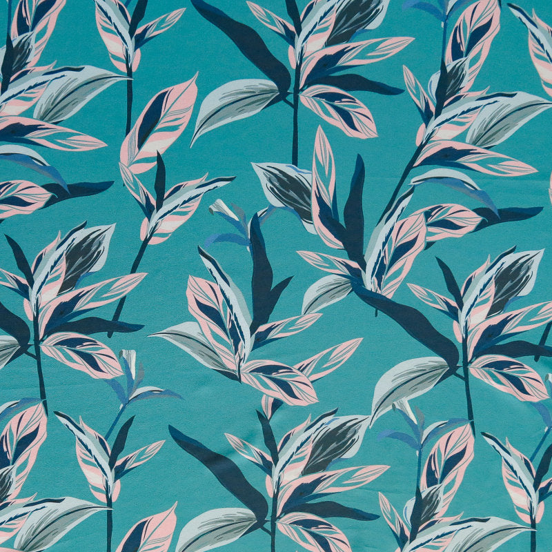 Swim Knit Leaves on Teal Poly Spandex Fabric