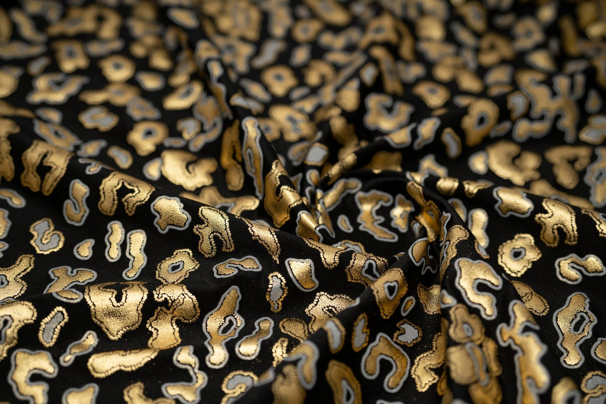 Leo Party Foil Printed Spandex Fabric - Black Leopard Foil Print, 56" Width (1 Yard)