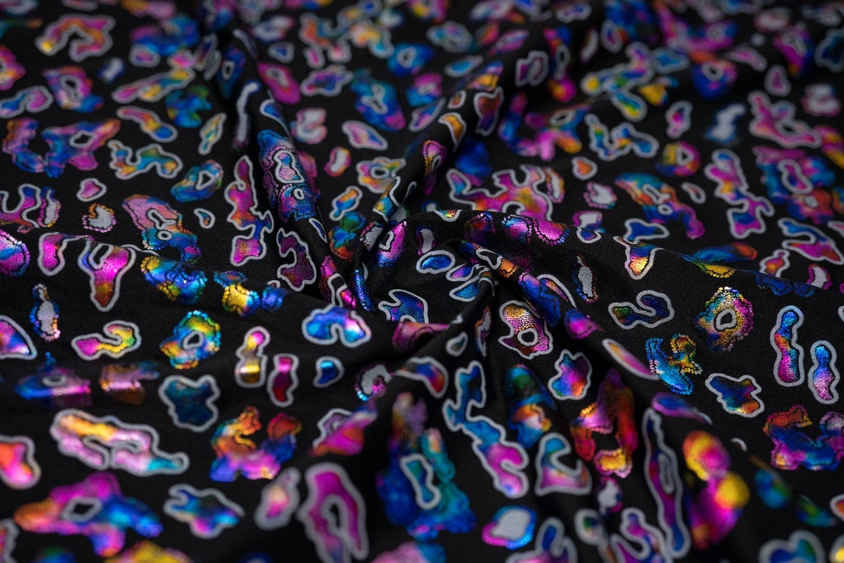 Leo Party Foil Printed Spandex Fabric - Black Leopard Foil Print, 56" Width (1 Yard)
