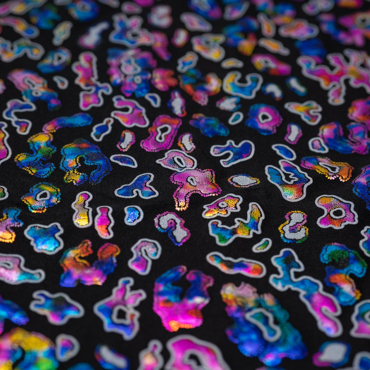 Leo Party Foil Printed Spandex Fabric - Black Leopard Foil Print, 56" Width (1 Yard)