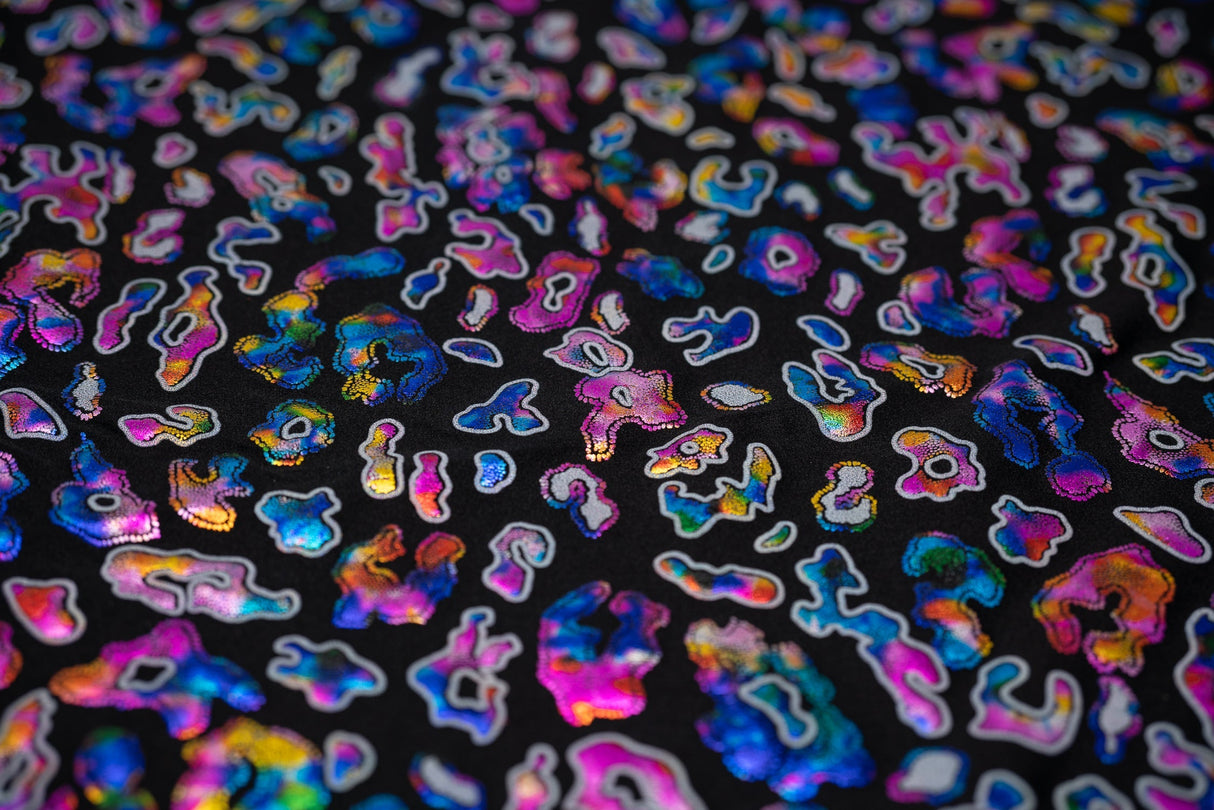 Leo Party Foil Printed Spandex Fabric - Black/Multicolored Leopard Foil Print, 56" Width (1 Yard)