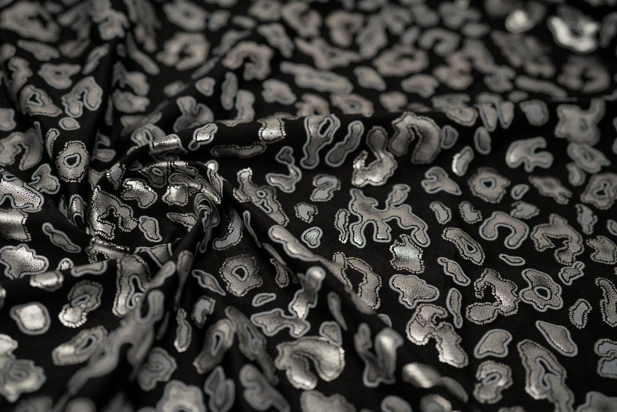 Leo Party Foil Printed Spandex Fabric - Black Leopard Foil Print, 56" Width (1 Yard)