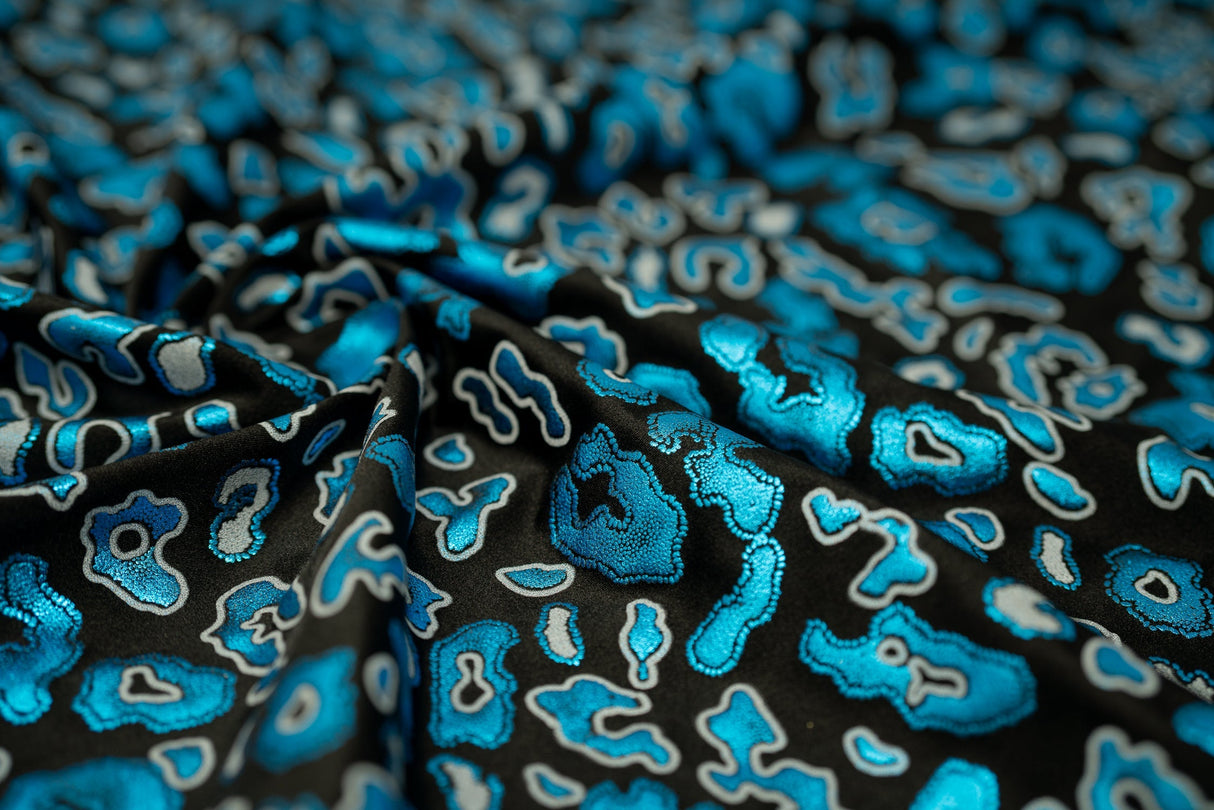 Leo Party Foil Printed Spandex Fabric - Black/Multicolored Leopard Foil Print, 56" Width (1 Yard)