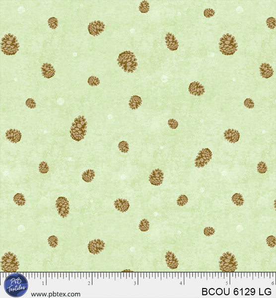 Cotton Print Light Green Pinecones Bigfoot Country Fabric by the Yard