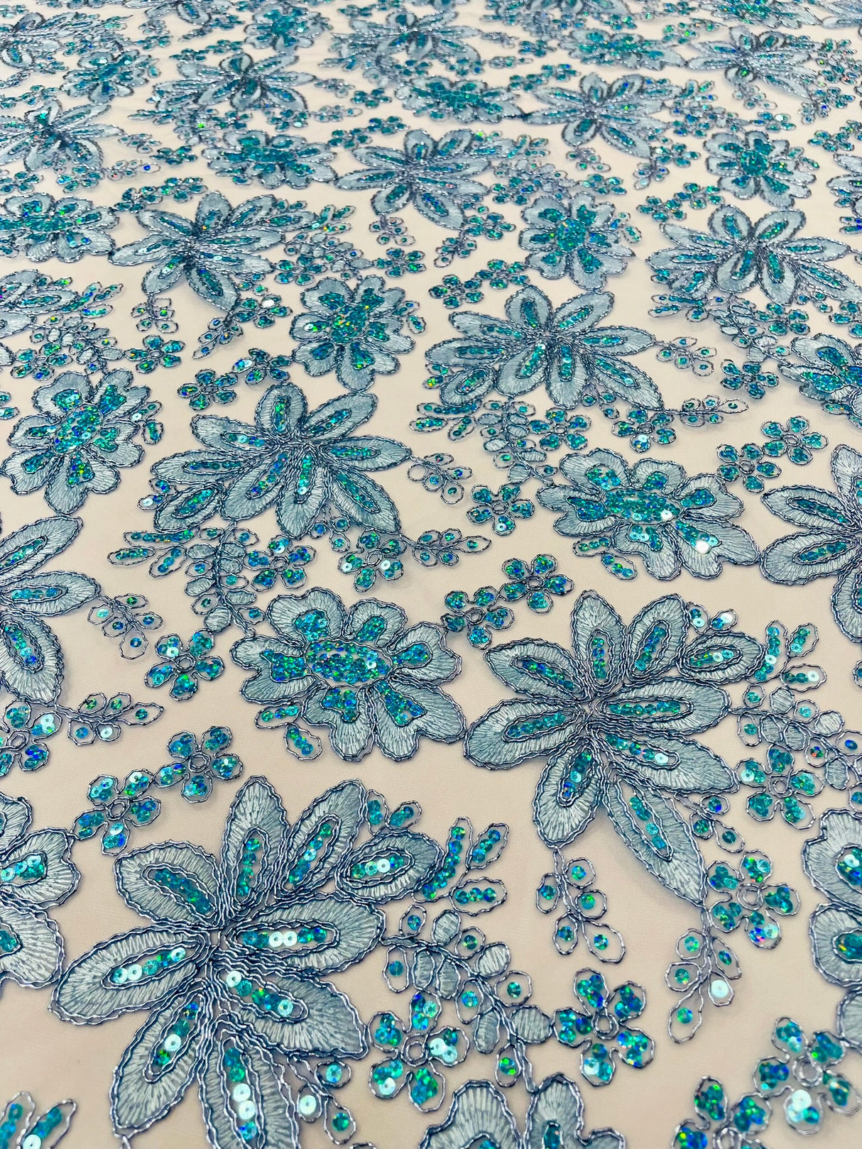 Metallic Floral Lace Design Embroidered Polyester Fabric - Floral Lace, 54" Width (1 Yard)