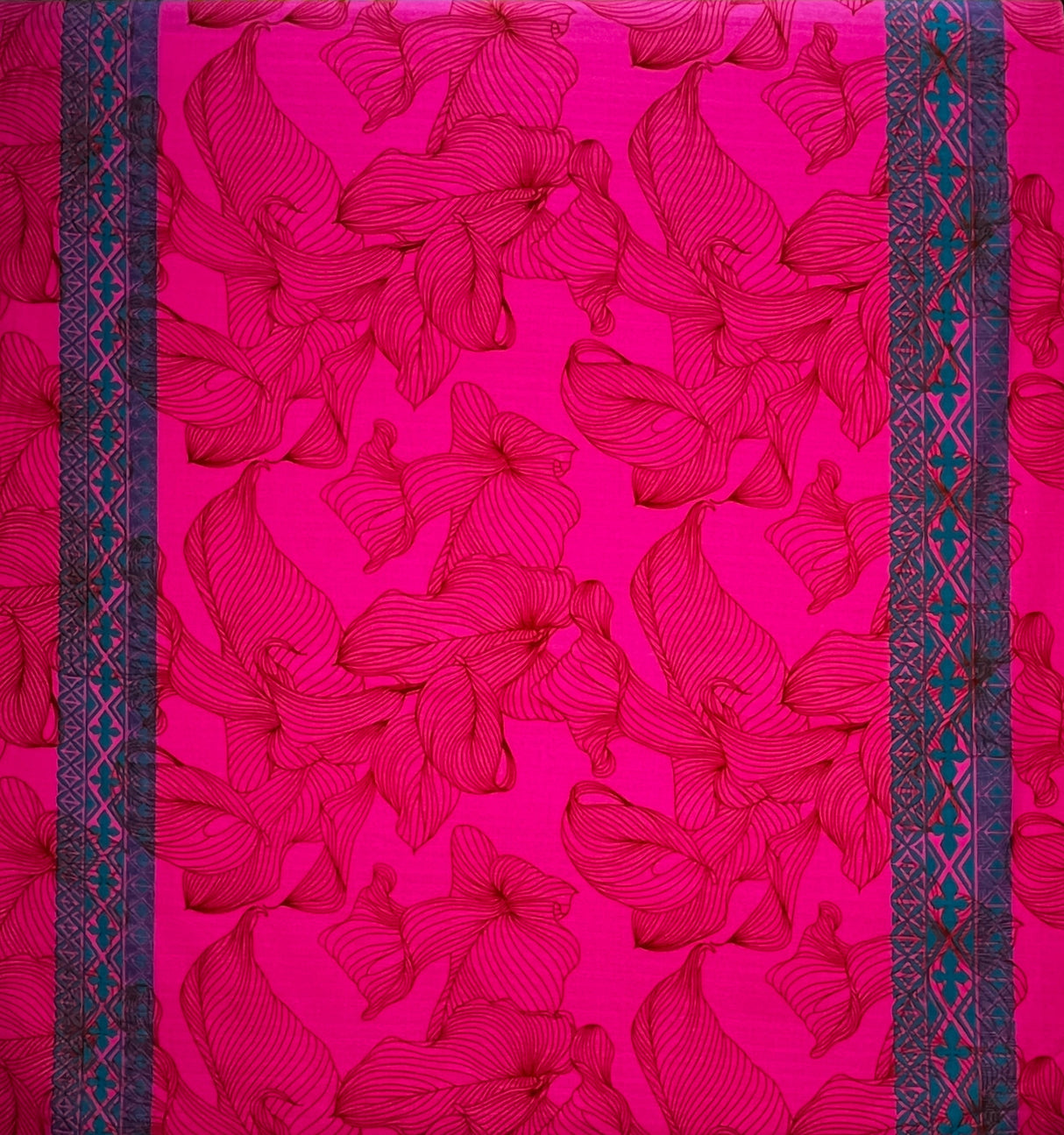 Lily With Tapa Double Border Cotton Light Barkcloth Fabric - Fuchsia, Lime Green, Purple, Red, Turquoise, Double Border Tapa Motif, 36" X 45" (1 Yard)