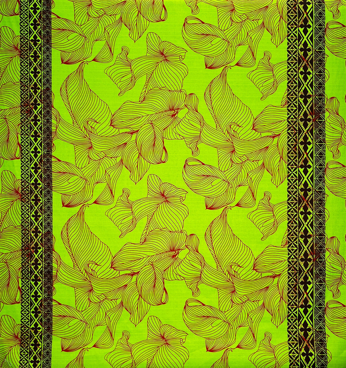 Lily With Tapa Double Border Cotton Light Barkcloth Fabric - Floral Tapa Border, 36" X 45" (1 Yard)