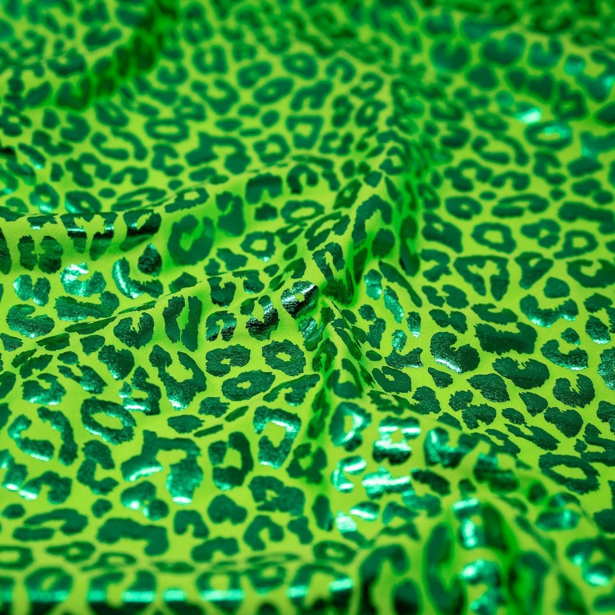 Loud Leo Foil Printed Nylon Spandex Fabric - Metallic Leopard Foil Print, 56" Width (1 Yard)
