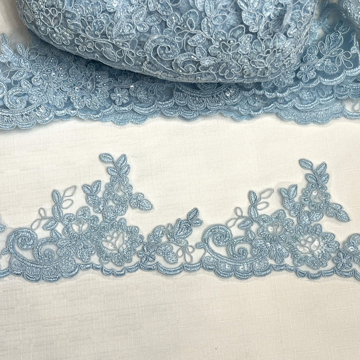 Beaded Corded Lace Trimming Polyester Fabric - Embroidered Net Mesh, 4" Width, 6 Color Schemes (1 Yard)