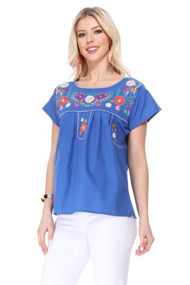Traditional Mexican Women Blouse - Floral Embroidery, Short Sleeve (S-M-L-XL-2XL-3XL)