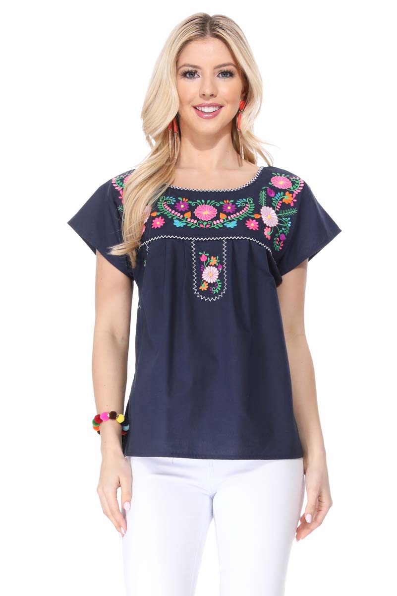 Traditional Mexican Women Blouse - Floral Embroidery, Short Sleeve (S-M-L-XL-2XL-3XL)
