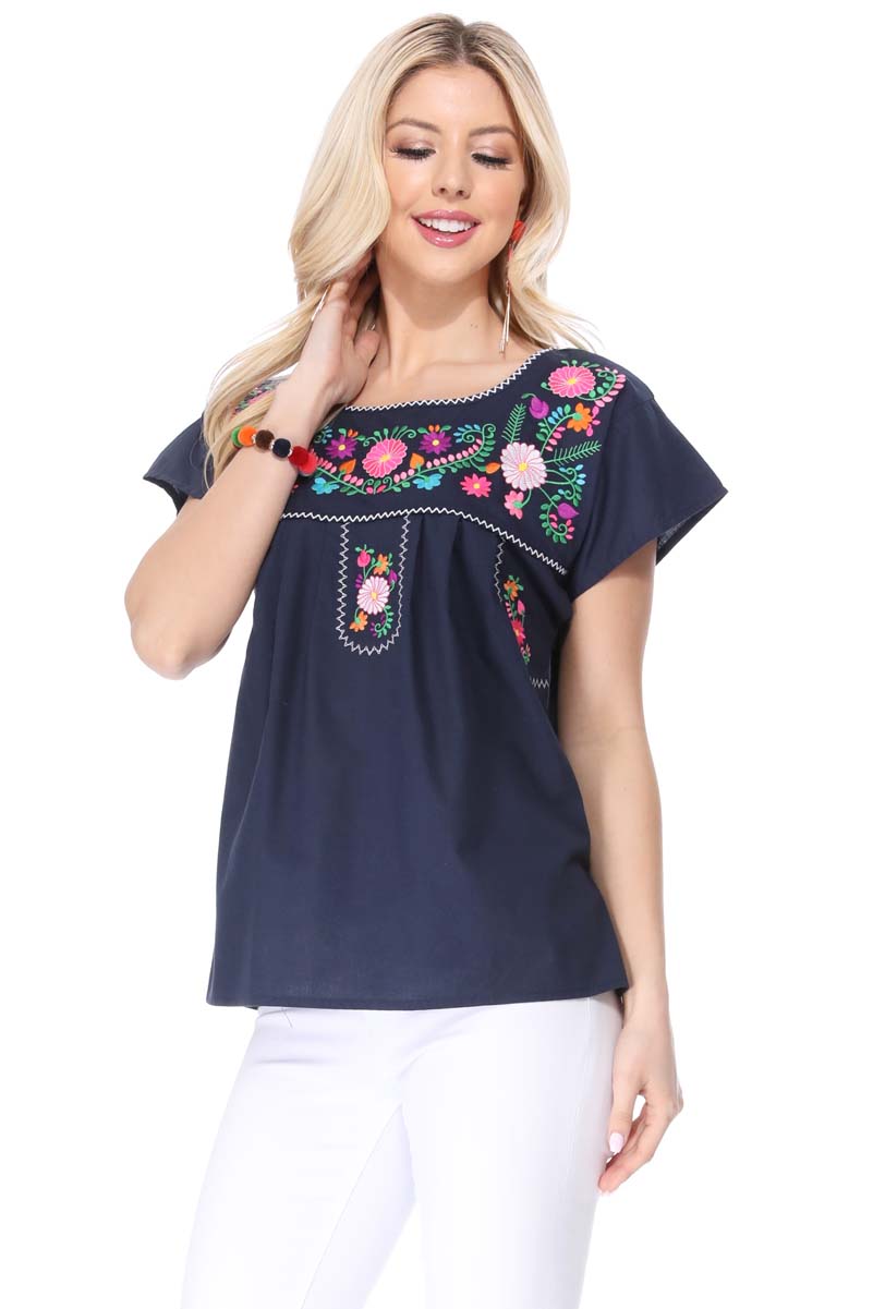 Traditional Mexican Women Blouse - Floral Embroidery, Short Sleeve (S-M-L-XL-2XL-3XL)