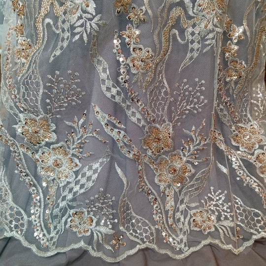 1 Yard Beaded Lace Fabric Embroidered on Polyester Net Mesh 50 inch Width