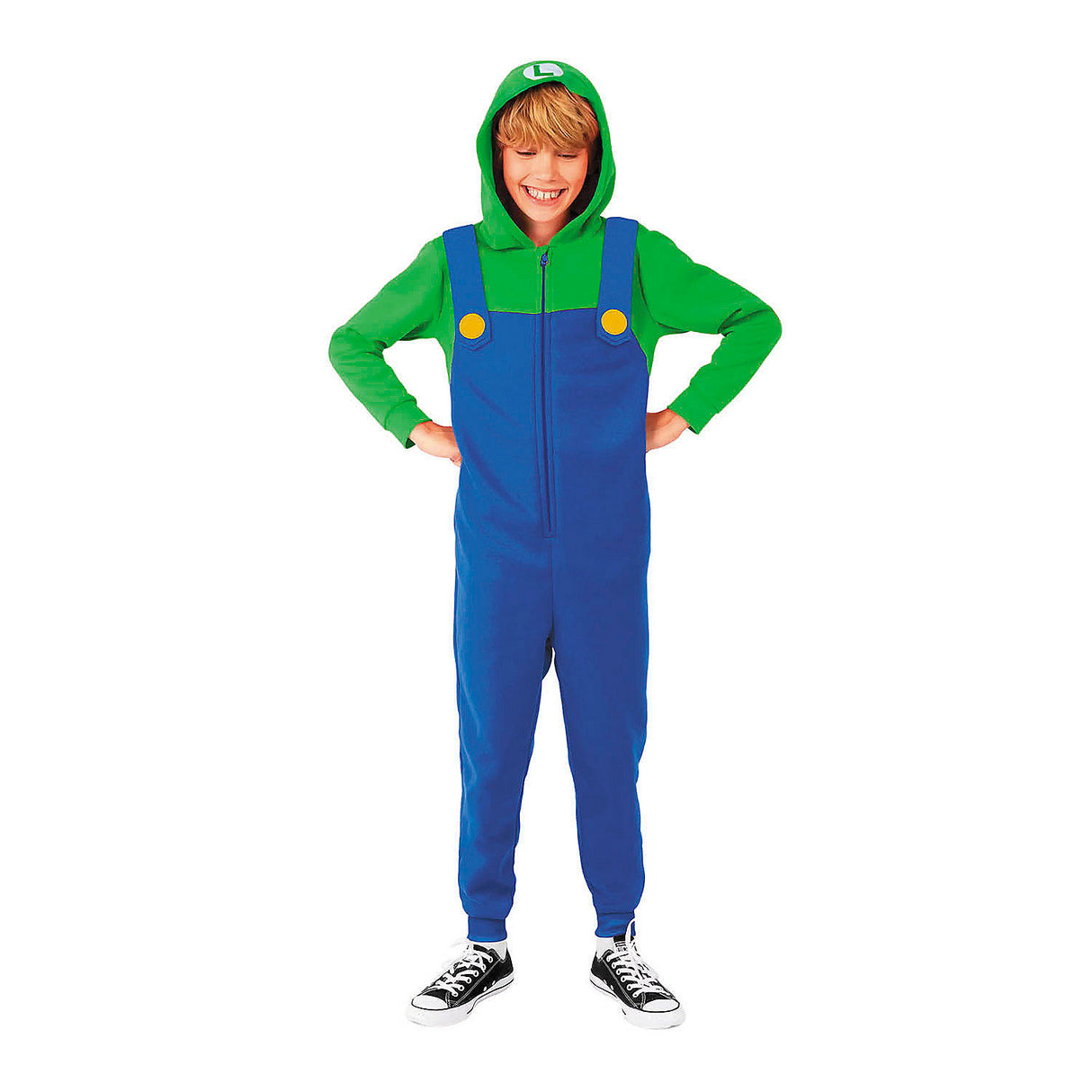 Kids Luigi Hooded Onesie Costume for Halloween Dress Up and Super Mario Themed Parties
