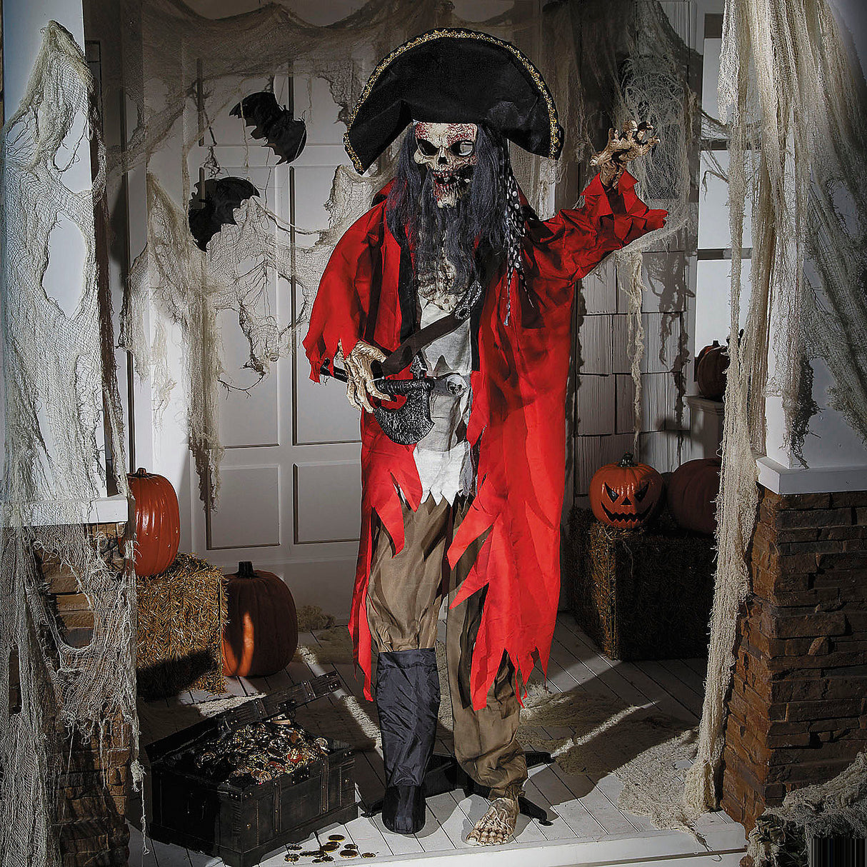 Animated Standing Plastic Skeleton Pirate Decoration for Halloween Haunted House and Spooky Party Displays