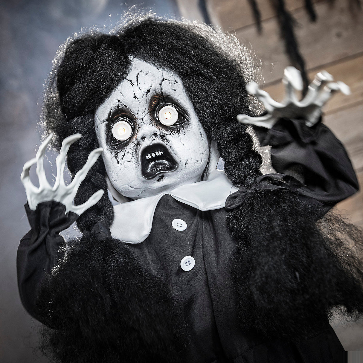 Creepy Standing Animated Black White Shoes Girl Decoration for Halloween Haunted Events and Scary Parties