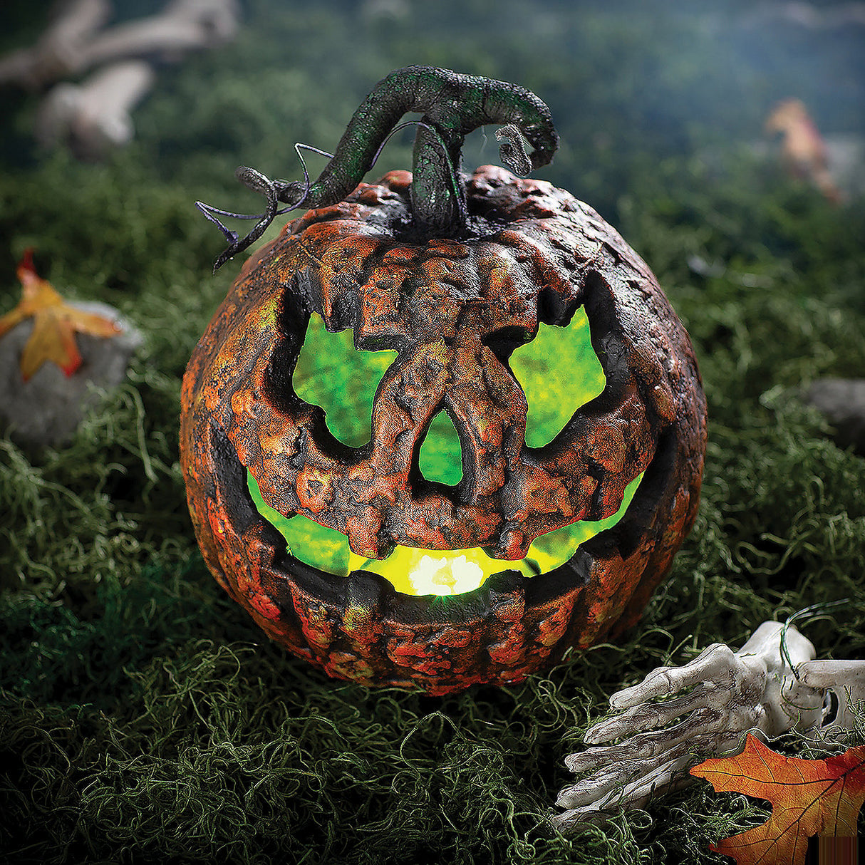 Light-Up Talking Rotten Jack-O-Lantern Foam Decoration for Halloween Displays and Spooky Events