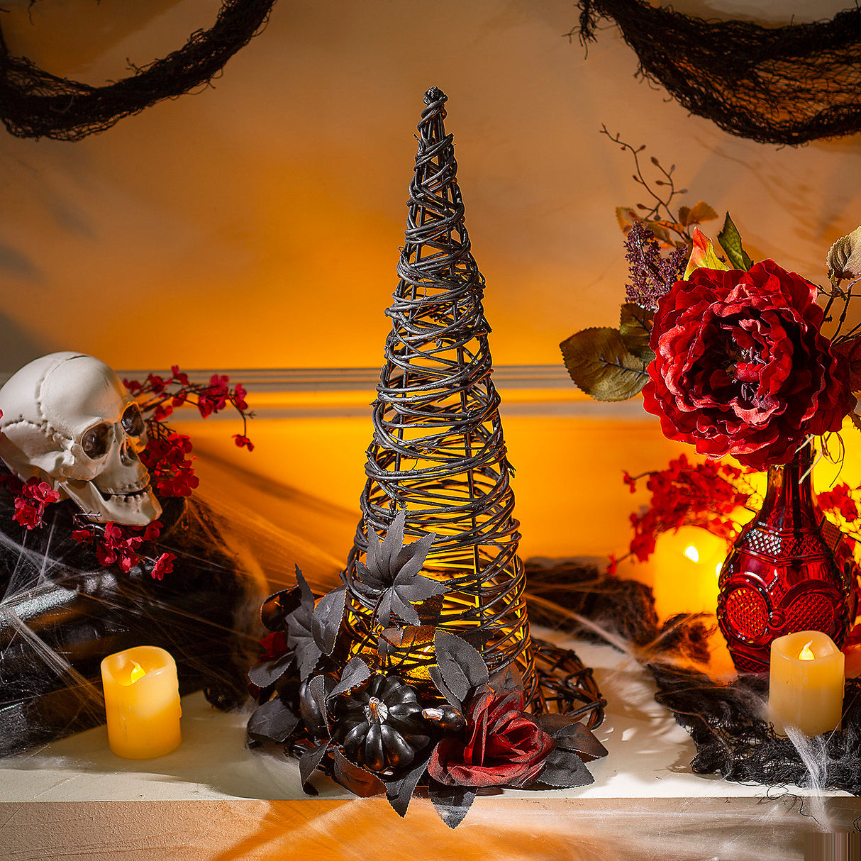 Decorative Black Rattan Wicker Witch Hat for Halloween Spooky Parties and Festive Events